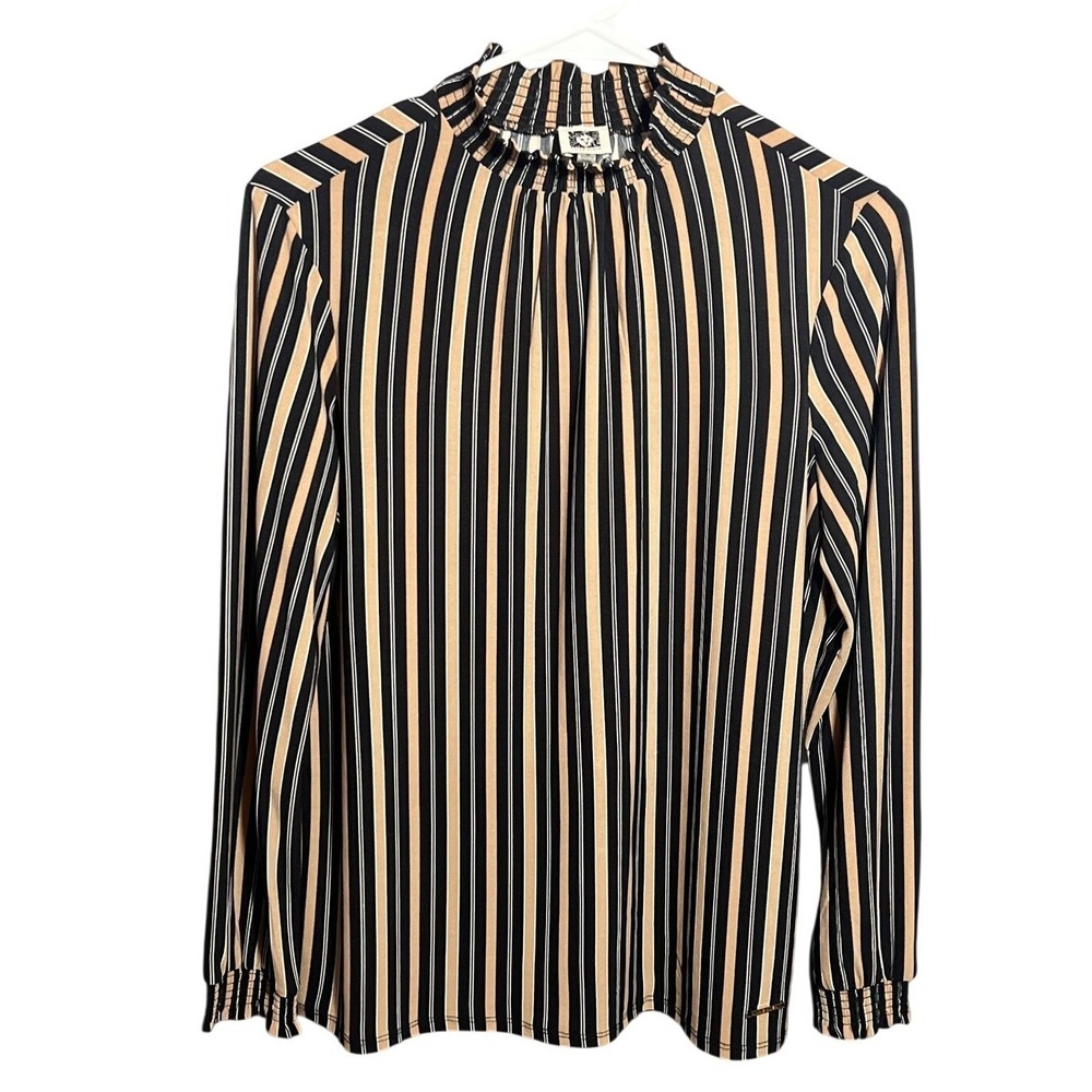 Anne Klein Women's M Black Tan Stripe Mock Neck Long Sleeve Shirred Cuff Blouse